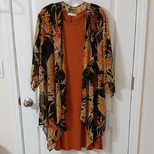 Floral Black and Orange Dress with Kimono Overlay